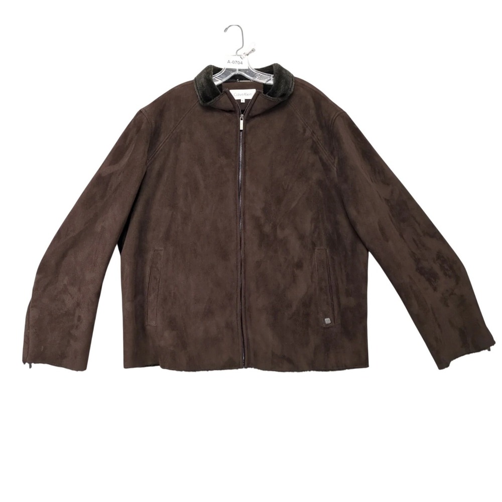 Calvin Klein Brown Faux Suede Bomber Jacket Mens XL Plush Lined Full Zip Aviator